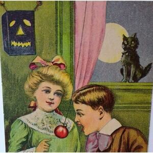 Halloween Postcard Fantasy Black Cat Moon Victorian Couple Square Black JOL 6510
